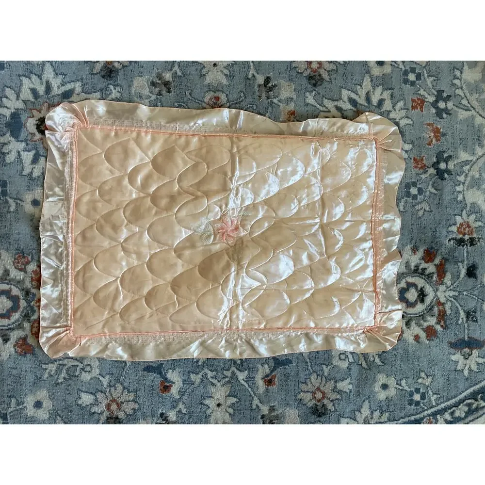Vintage Peach satin pillow case embroidered ruffles cottagecore romantic home